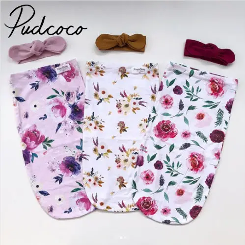 

Newborn Infant Baby Sleeping Bag Kid Winter Flower Soft Swaddle Blanket + Headband Set