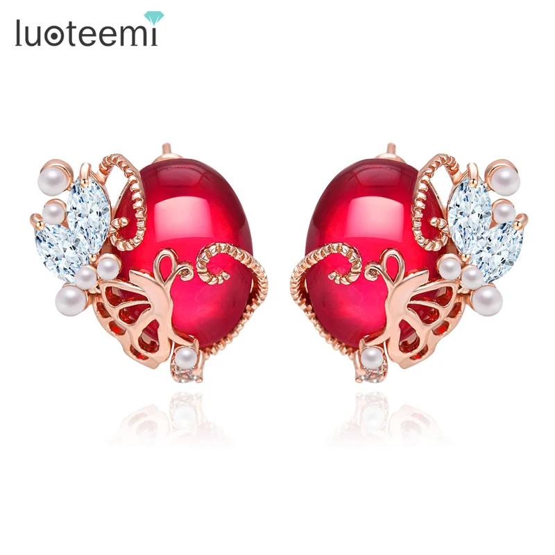 

LUOTEEMI Fashion Design Unique Stud Earrings Bow Surround A Big Zircon Stone Elegant Rose Gold-Color Crystal Wholesale Jewelry