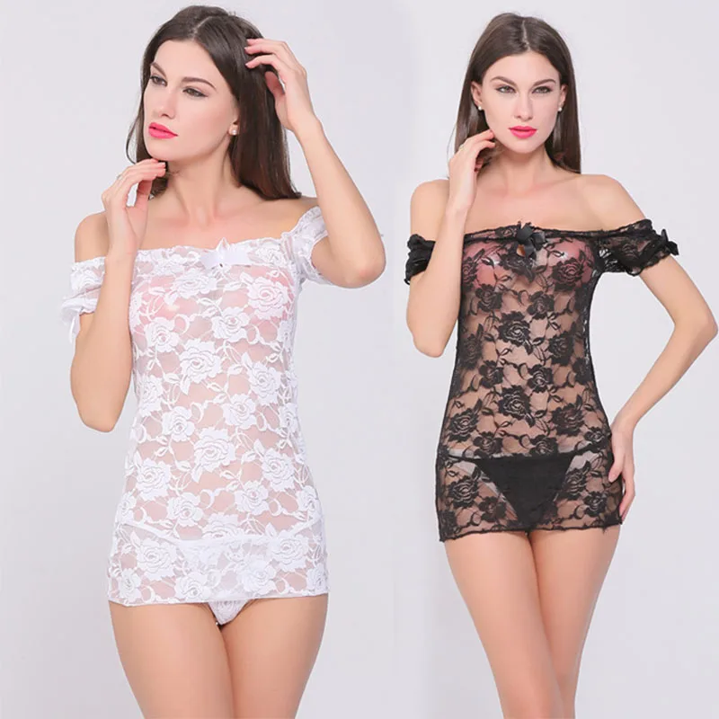 

Sexy Women Costumes Rose Flower Mesh Underwear Teddy Erotic Lingerie Lingerie Coveralls Boat Neck Sleepwear Short Dress D0052