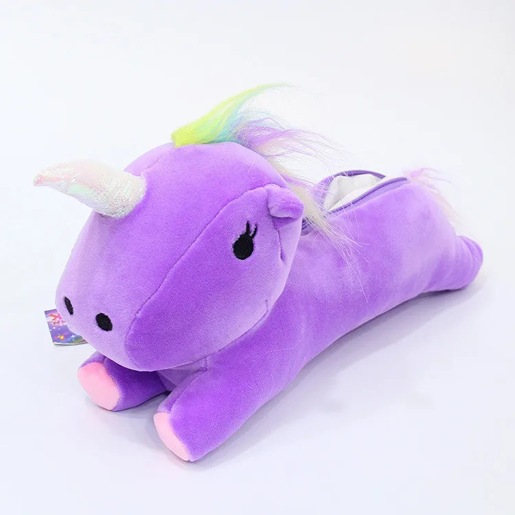 1pcs Animals Stuffed Cartoon Unicorn Horse Creative Colorful Soft Students Lovely Plush Purses Coin Bag Pen Pencil Case Pen Bag - Color: purple