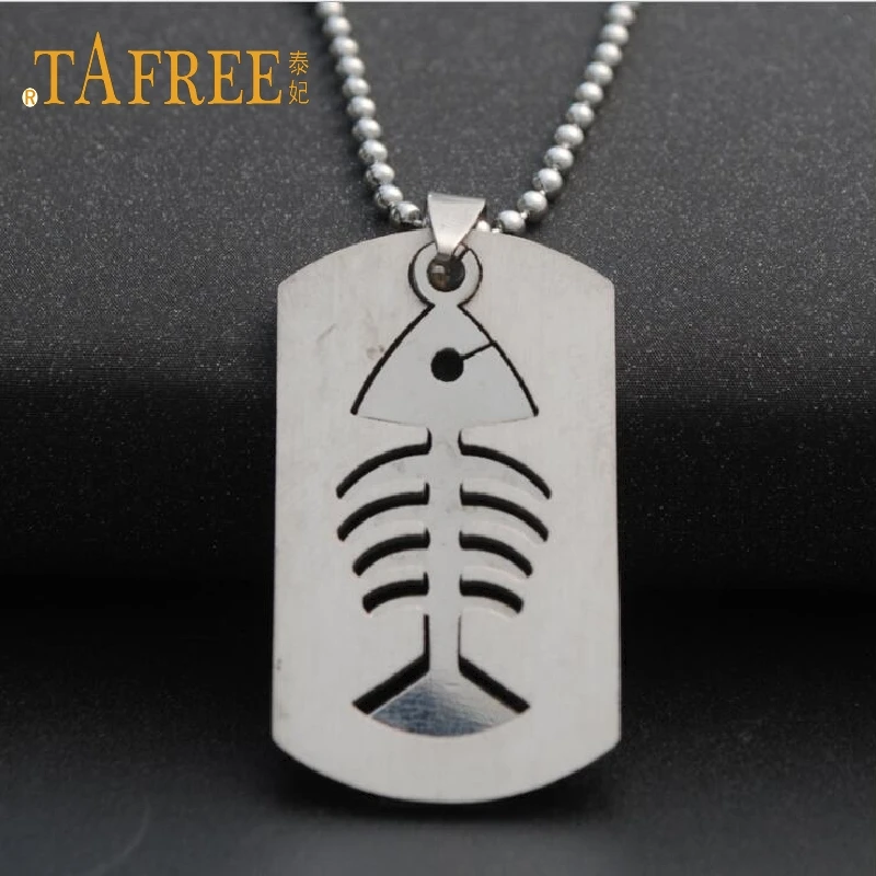 

TAFREE Charm Hollow Stainless Steel Dog Tags fish bones Pendants For Men & Women Necklace Stainless steel necklace jewelry SQ045