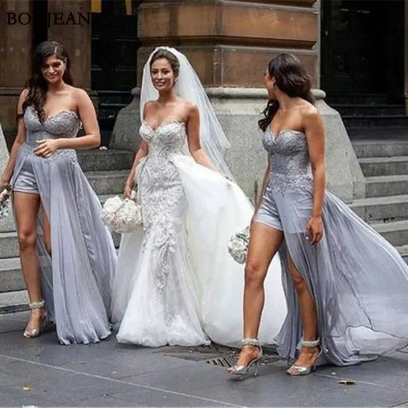 Grey Sweetheart Sleeveless Long Chiffon Bridesmaid Dresses With Lace