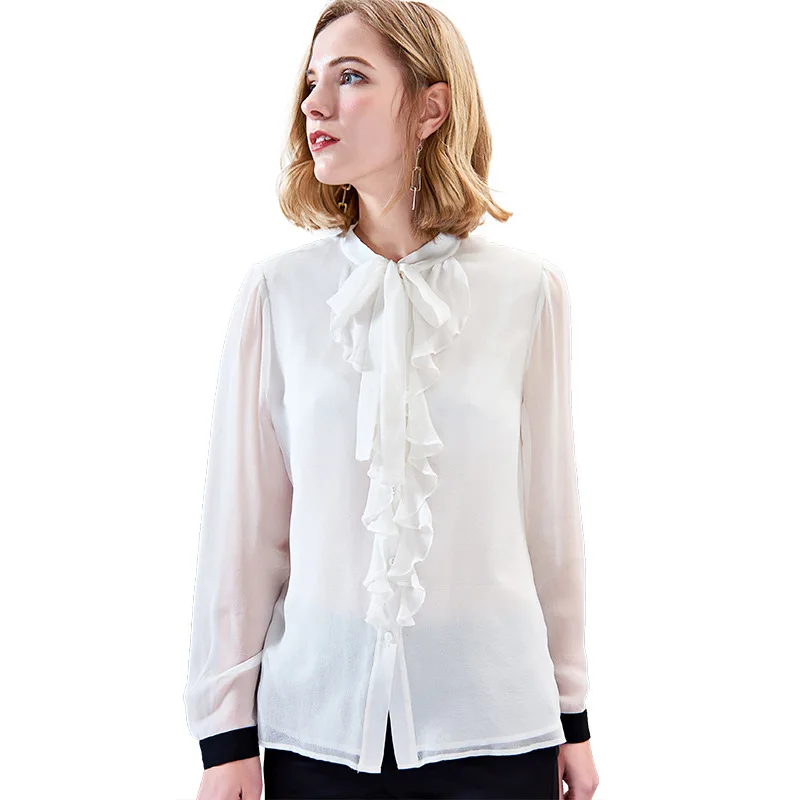 Белая рубашка из натурального шелка женские винтажные дворцовые оборки воротник бант рубашки и блузки с длинным рукавом Роскошные топы высокого класса