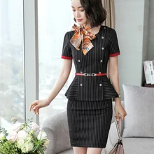 Летние модные женские деловые костюмы с юбкой и пиджаками, комплекты, черные топы в полоску, Женская рабочая одежда с поясом и шарфом