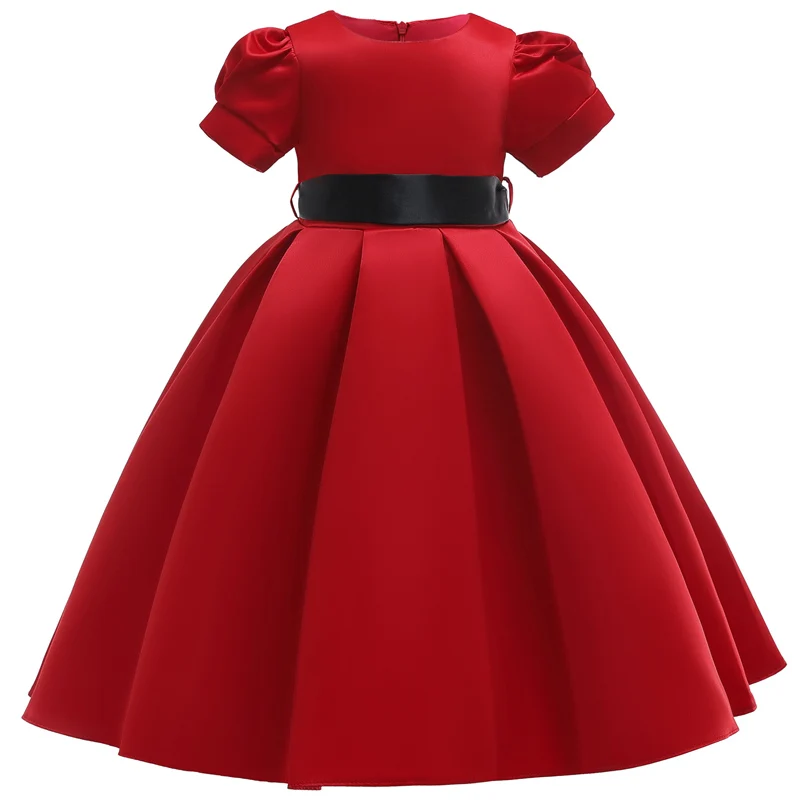 

Flower Girl Dream Wedding Wine Red High-end Party Long Dress Girl Birthday Party Ceremony Ball Short-sleeved Dress vestido