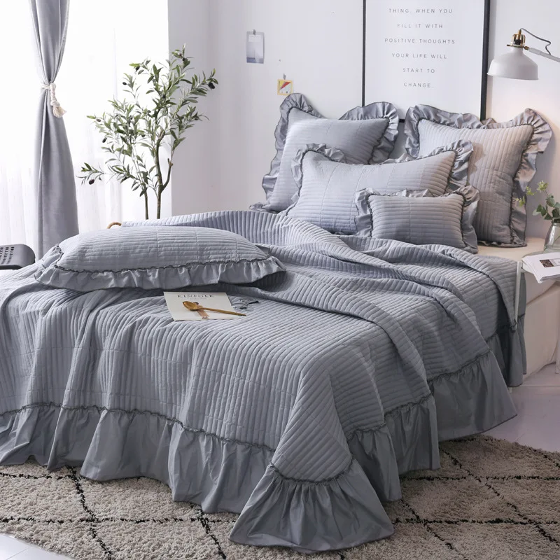

Korea Solid Color Bedspread Washed Cotton Quilt Set 3pcs Flounced Quilts Bed Cover Pillowcase King Queen size Quilted Coverlets