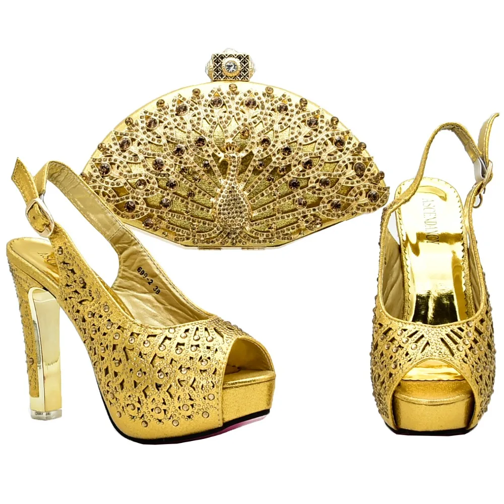 

Gold shoe and bag high heel size37 to 42 african lace dress wedding party women shoes and bag to match tulle lace dress SB8129-3