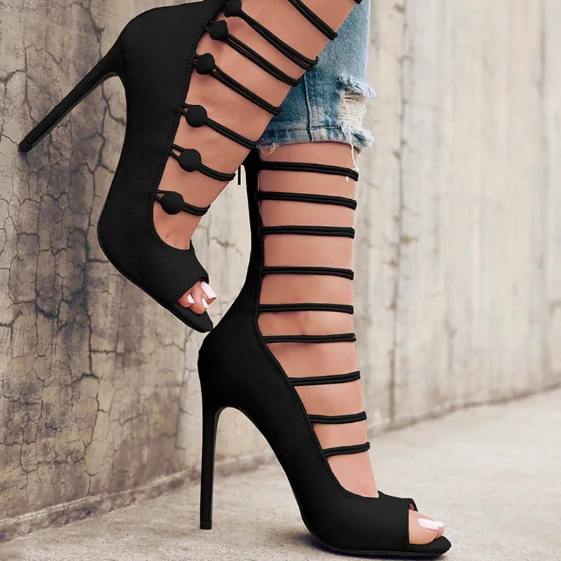 

XingDeng High Heels Pumps Shoes Women Lace Up Bandage Summer Sexy Cross Strap Thin Heels Party Ladies Peep Toe Stilettos Shoes
