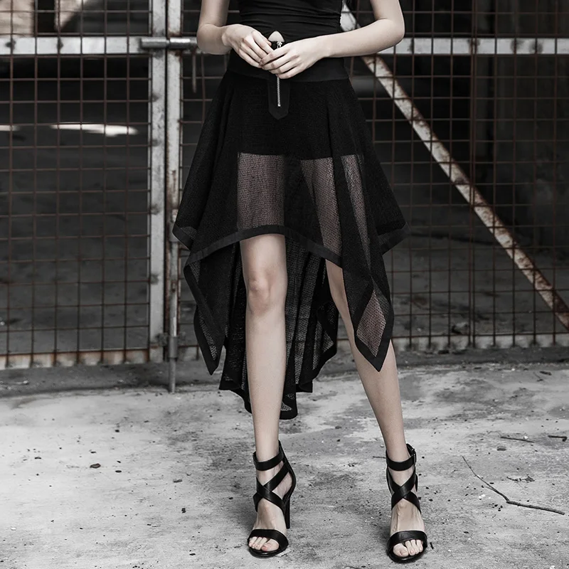 

PUNK RAVE Women 2019 New Punk Black Irregular Skirt Spring Female Mesh Half-length with Safety Pants Sexy Gothic Party Skirts