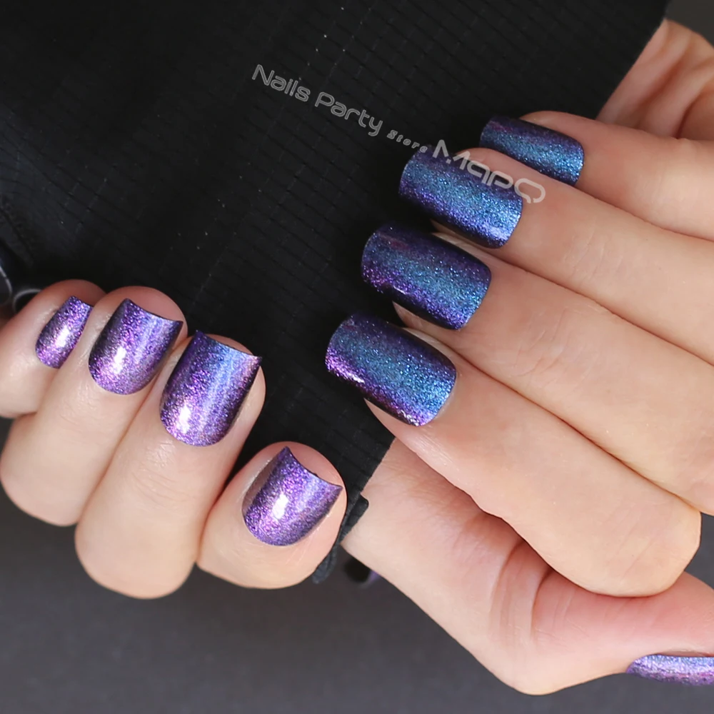 

Medium length 24pcs Silver flash Blue Discoloration Purple fasle nails with adhesive tabs full set fake nails