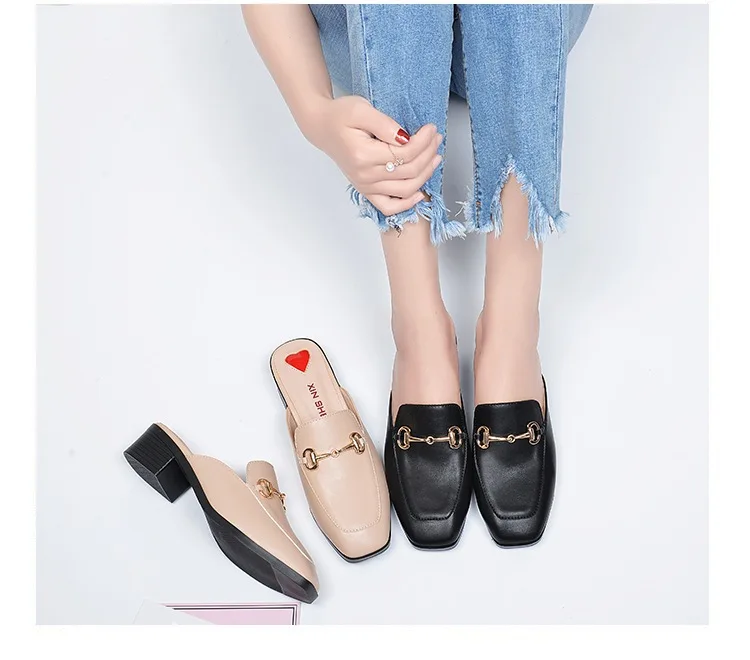 Summer Fashion Genuine Leather Mules Block Heels Shoes Woman Slipper Modis Black Casual Shoes Women Ladies Sliders Female