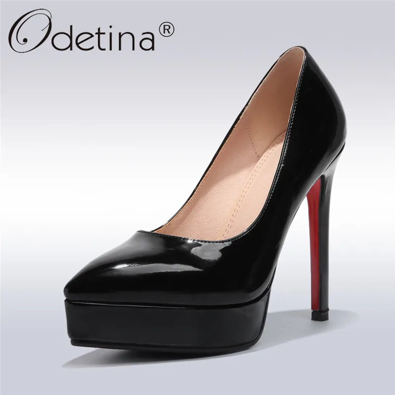 

Odetina 2018 New Fashion Thin High Heels Pumps For Women Platform Slip On Party Shoes Female Patent Leather Pointed Toe Pumps