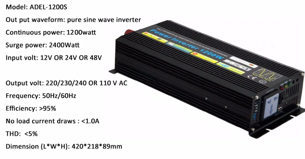 1200 Вт Инвертор солнечной системы 12 В 24 в 48 В переменного тока 220 В 110 В Чистая синусоида выход для автомобиля с USB выходом