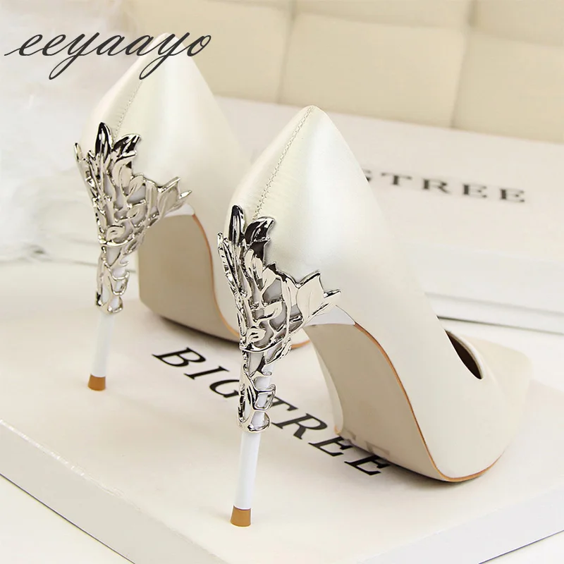 2019 New Spring/Autumn Women Pumps High Thin Heel Metal Pointed Toe Sexy Ladies Bridal Wedding Women Shoes White High Heels
