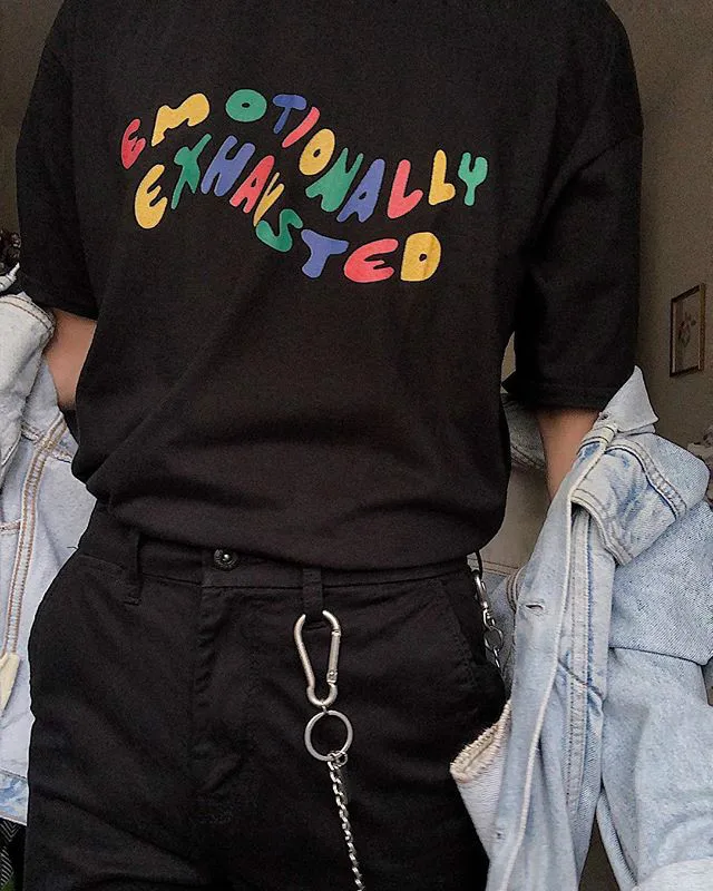 

kuakuayu HJN Emotionally Exhausted Colorful Printed T-Shirt Unisex Tumblr Grunge Black Tee Cute Summer Tops Street Wear