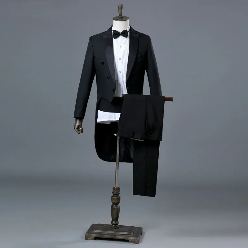 44.1 England gentleman two-piece suit men's classic suit black men groom tuxedo dress and ball gown (coat + pants + belt + bow tie)