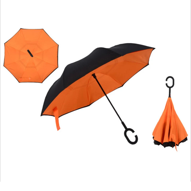 Зонт с обратным ходом, неавтоматический зонтик для модных дождевиков, женский зонт с защитой от ультрафиолета, ветрозащитные непромокаемые зонты с длинной ручкой - Цвет: Orange