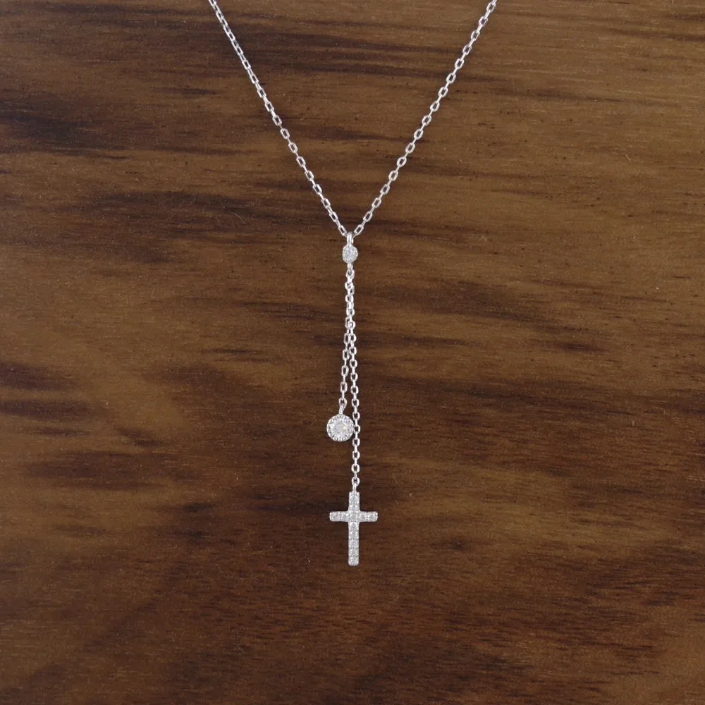 

925 Sterling Silver Round Zirconia Cross Charm Y Chain Choker Necklace A2665