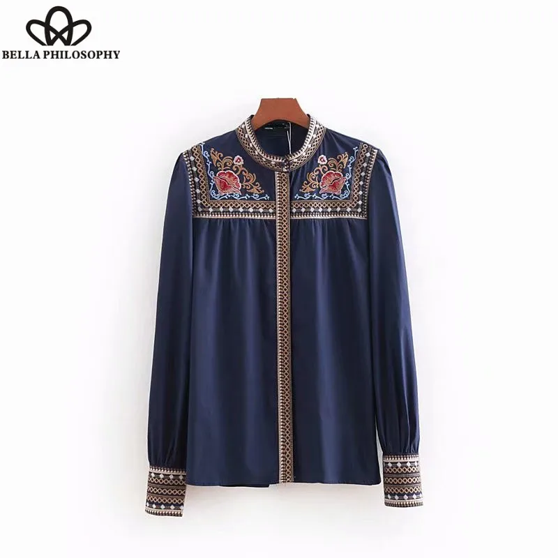 Wonder 2018 autumn vintage stand collar floral embroidery casual blouse ladies office business shirt chic femininas blusas tops