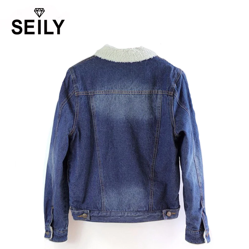 Korean Winter Turn-down Collar Denim Coat Jaqueta Blazer Faux Lamb Wool Fur Long Sleeve Jeans Jacket For Women Com Renda Parka
