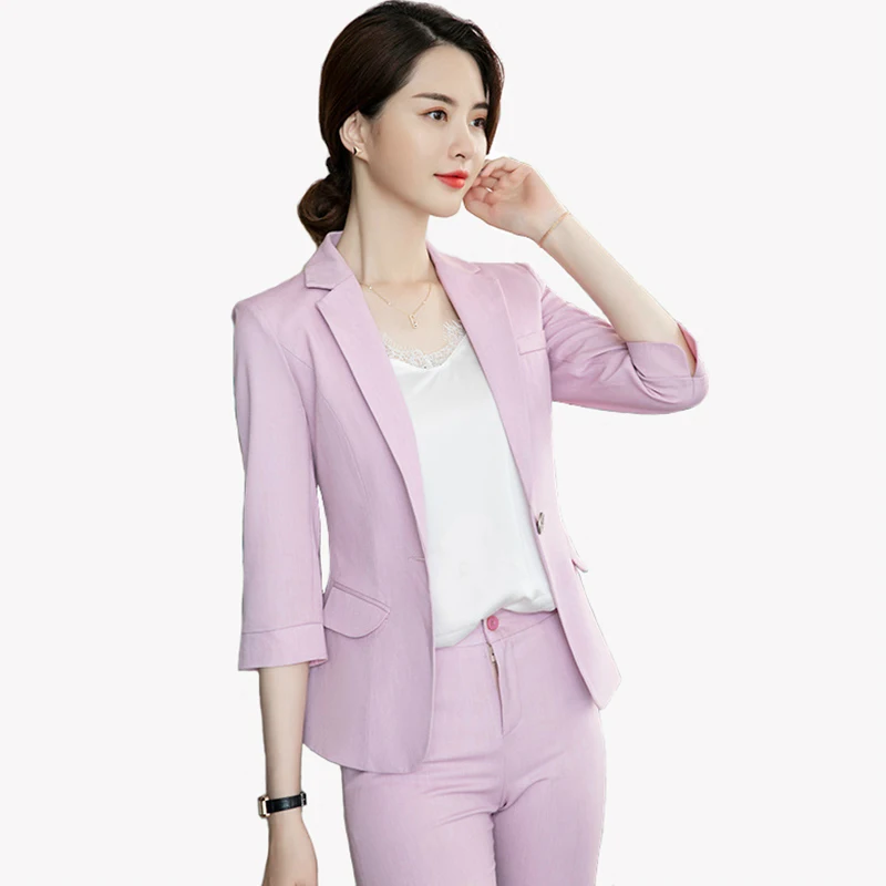 

Women Suit Coat 3/4 Sleeve Single Button Slim Chic Blazers Spring Summer Ladies Fashion Casual Work Outwear Pants Suits Female