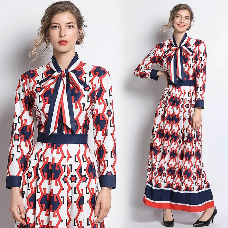 

2019 Spring Summer Fall Runway Letters Print Bow Tie Neck Long Sleeve Empire Waist Women Party Casual A-Line Maxi Beach Dress