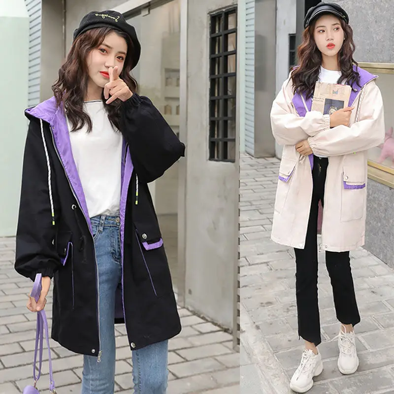 

Harajuku Windbreaker 2019 New Women Long Sleeve Hooded Casual Zipper Long Trench Coat Spring Autumn Loose Girls Overcoat V512