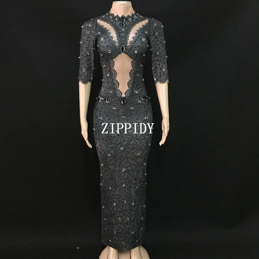

Full Black Rhinestones Slim Long Dress Big Stretch One Piece Outfit Wear Women Dance Bar Show Dress Evening Birthday Dress