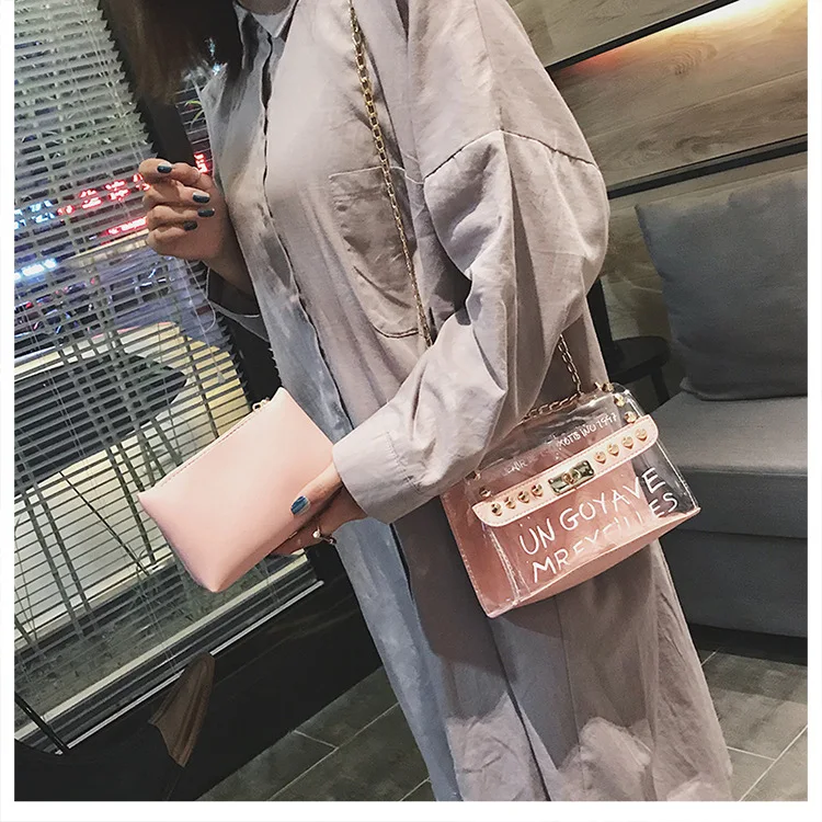 Womens Candy Color PVC Transparent Crossbody Bag 2pcs sets Rivets Letter Print Messenger Bags Fashion Girls Clear Chain Tote bag (12)