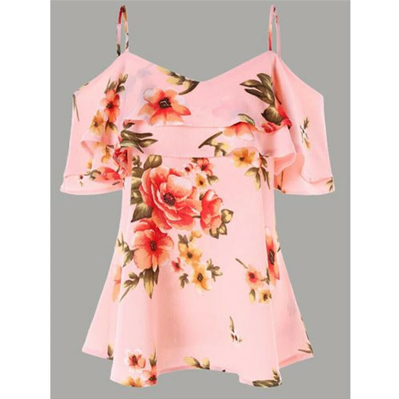 Женские шифоновые топы с бретельками, свободная блузка с коротким рукавом, топы с цветочным принтом, повседневные женские топы и блузки, лето - Цвет: Розовый