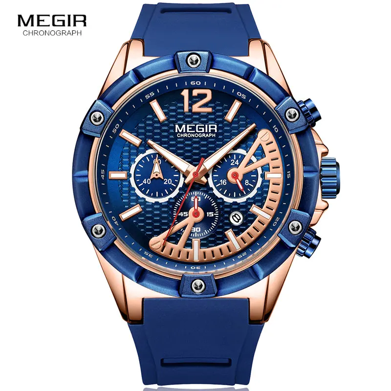 Синий силиконовый спортивный хронограф кварцевые наручные часы армейские розовое золото светящиеся стоп мужские часы настенные часы Relogios Masculino 2083-1N0 - Цвет: MN2083G-Rose-Blue