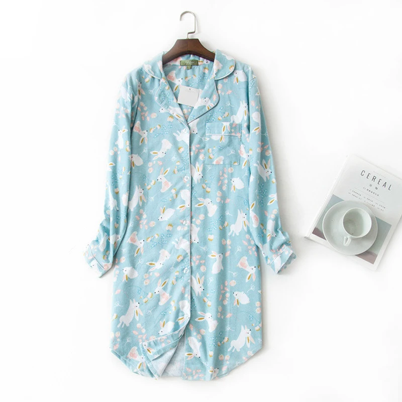 

Autumn Women Sleepwear Cute Rabbit Print Nightdress Sexy Nightgown Women Sleepshirts Cotton Night Dress Female Home Nightwear