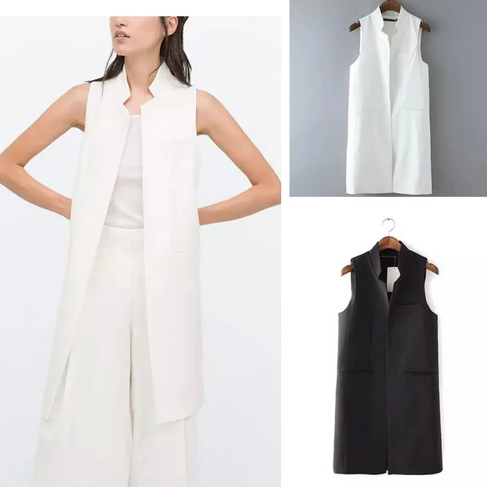 2018 Fashion Solid Black Long Style Women Suit Vest Ladies Open Stitch