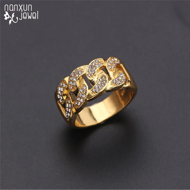 

Fashion Hip Hop Rock Rings Gold Color Iced Out Cuban Link Chain Bling Cubic Zirconia Gothic Ring Men Jewelry Accessories