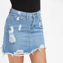 Лето в европейском и американском стиле пикантные однотонные Цвет дамы юбка модные рваные Высокая Талия Джинсовые юбки Для женщин мини-юбка