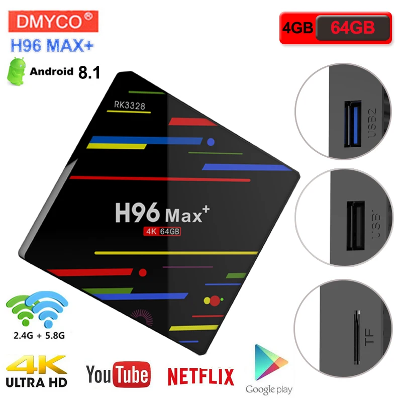 H96 MAX+ 4K tv box android 8.1smart RK3328 Quad-Core 4GB RAM 64GB ROM 2.4G 5G WiFi H.265 Set Top Box HDR10 USB3.0 Media Player H96 MAX+ 4K tv box android 8.1smart RK3328 Quad-Core 4GB RAM 64GB ROM 2.4G 5G WiFi H.265 Set Top Box HDR10 USB3.0 Media Player