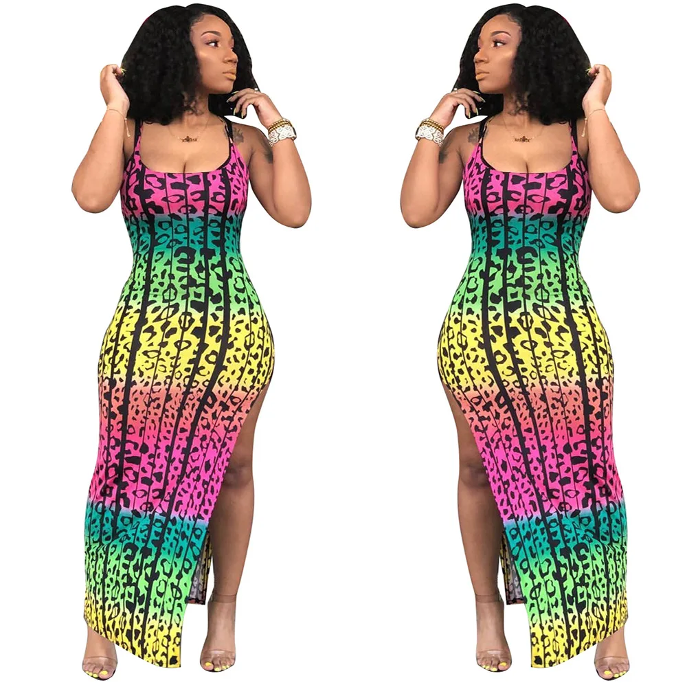 2019 женское платье в африканском стиле, узкое платье с леопардовым принтом, с высоким разрезом, облегающее платье без рукавов, пляжная
