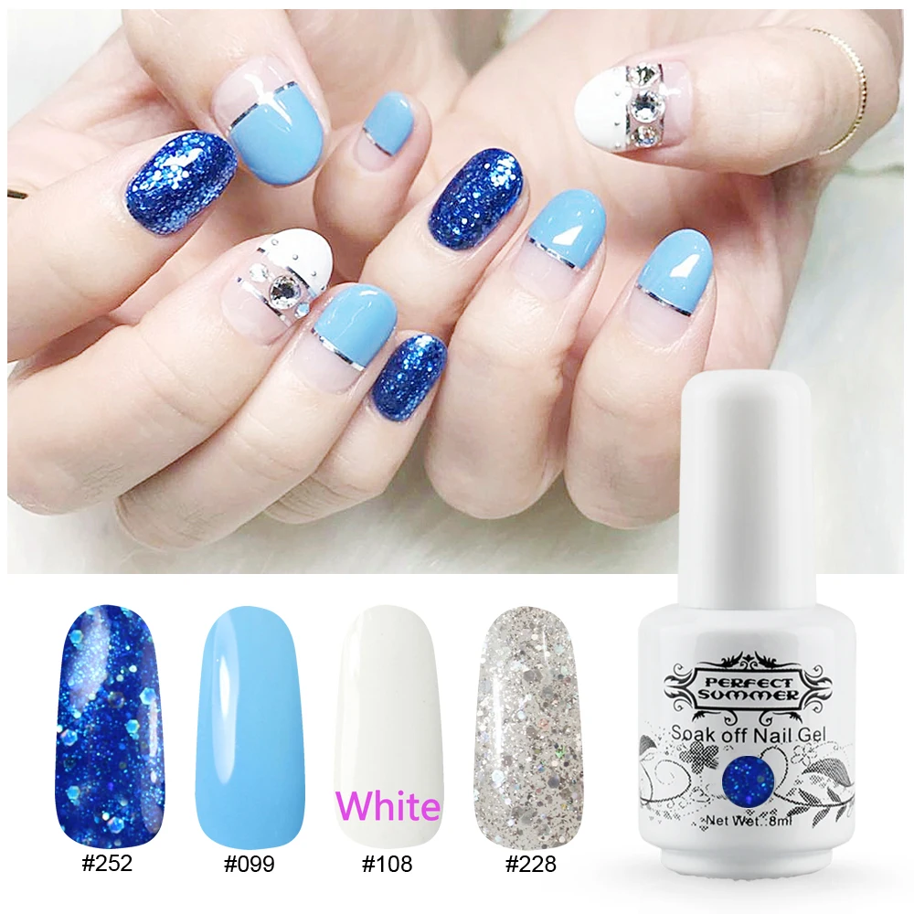 Perfect Summer Gel Nail Polish Blue White Clear Glitter Color UV Gel