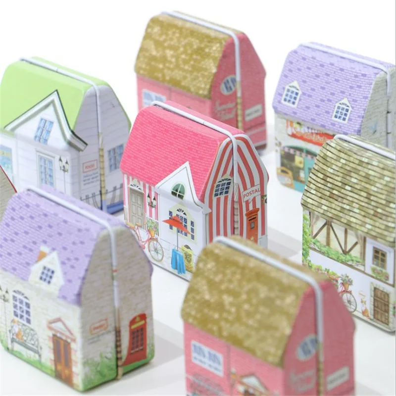 

NEW 6 Design Mini Vintage House Tinplate Shape Storage Tin Box Coin Bag Jewelry Box Lovely Print Storage Box Girls Gifts MixPack