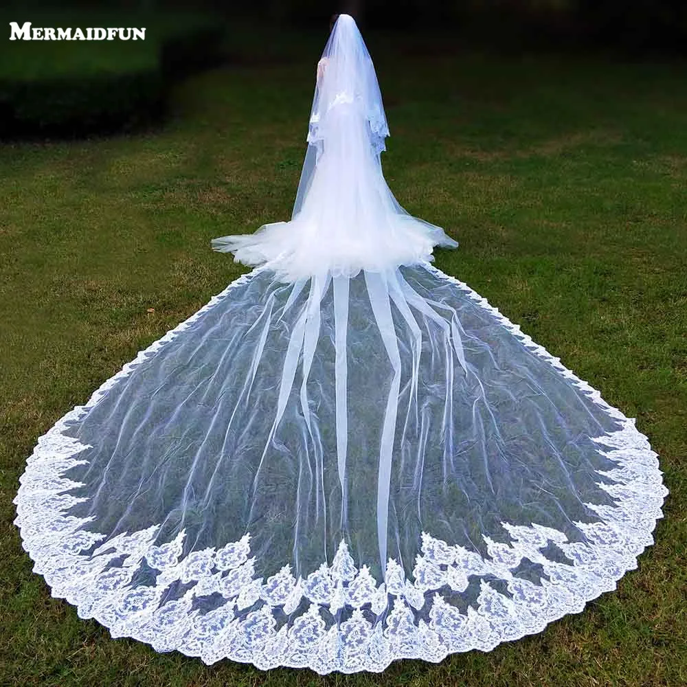 

2019 Real Photos Luxury 2 Layers Sequins Lace 5 Meters Woodland Bridal Veils with Comb Long Wedding Veils Veu De Noiva Longo