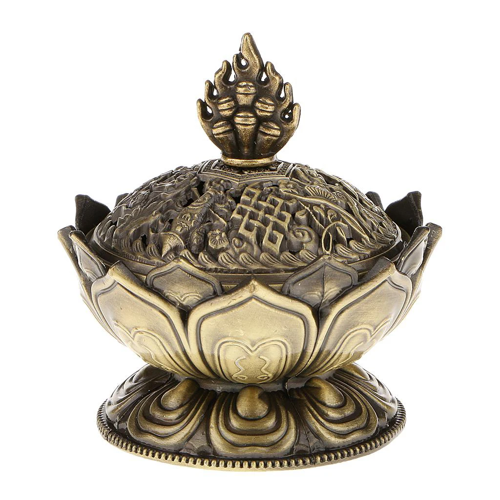 

Hot Sale Lotus Incense Smoke Cone Aroma Burner Holder Stove Backflow Censer Decor-Bronze