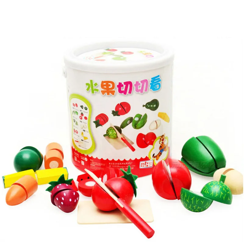 Nouvelle marque enfants cuisine en bois semblant jouer jouets baril coupe fruits légumes nourriture Miniature jouer éducation jouet cadeau