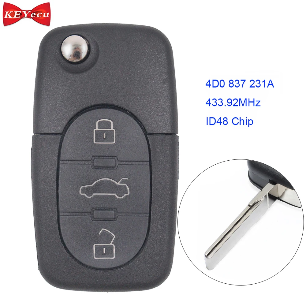 KEYECU for Audi A3 A4 A6 Quattro A8 TT Replacement Remote Control Car Key Fob 3 Button 433.92MHz
