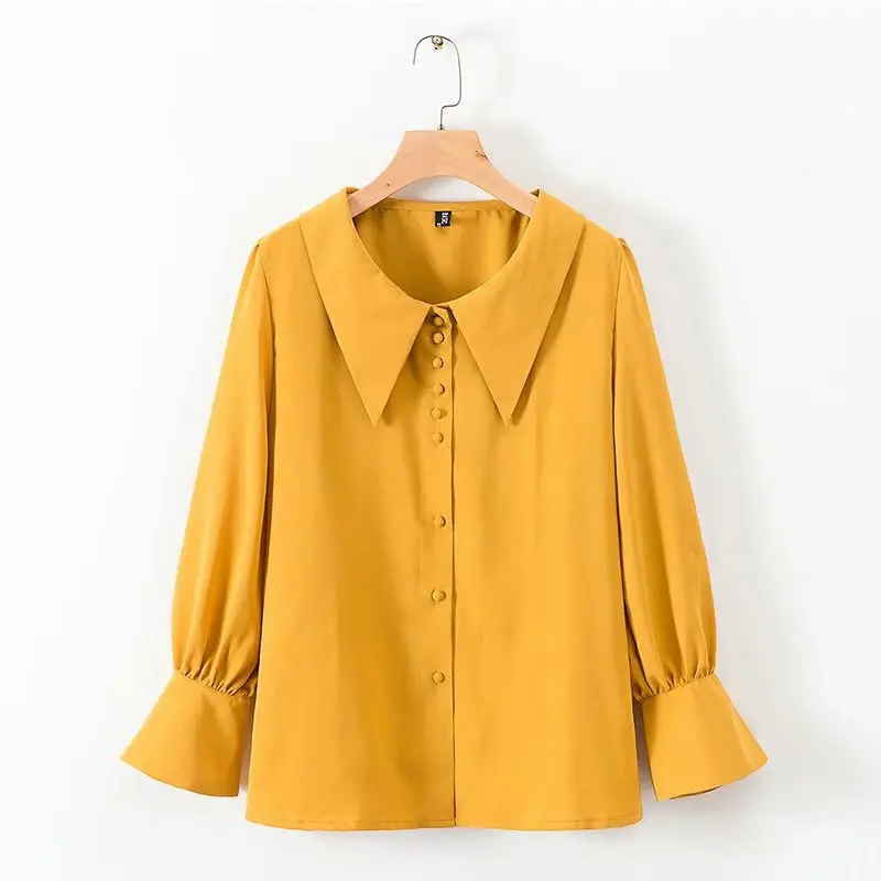

Plus size solid pink chiffon women blouse 2019 spring summer new casual office ladies long Flare sleeve orange shirts female