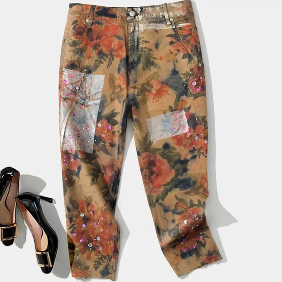 

2019 autumn fashion painted Jeans women high waist loose sequins patchwork ankle length cross pants plus size