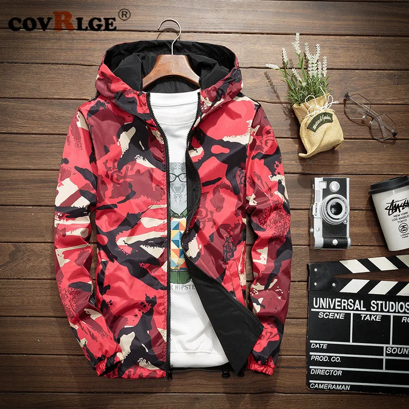 

Covrlge Spring Autumn Men Bomber Jacket Thin Casual Long Sleeve Camouflage Slim Windbreaker Hooded Coat Zipper Outwear MWJ137