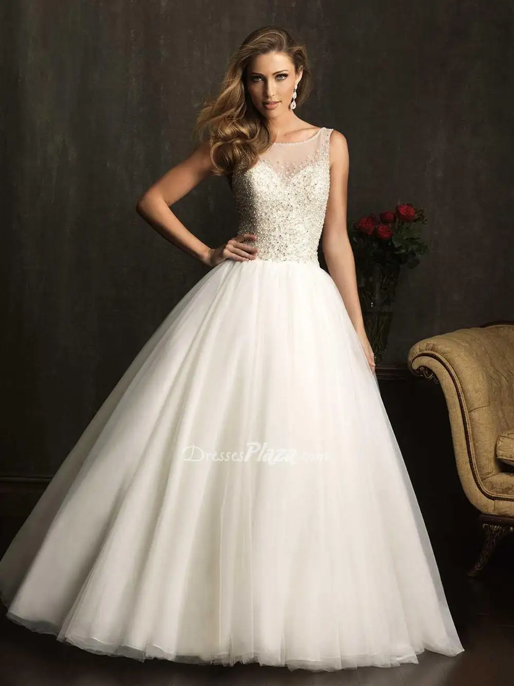 Elaborate Ball Gown Sheer Boat Neck Beaded Bodice Sleeveless
