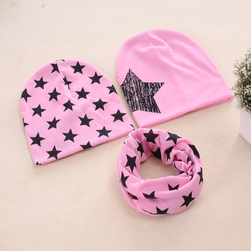 3Pcs/Set Cotton Baby Hat Scarf Autumn Winter Star Prints Children Scarf-Collar Beanie Baby Boy Girl Warm Cap Scarves - Color: pink