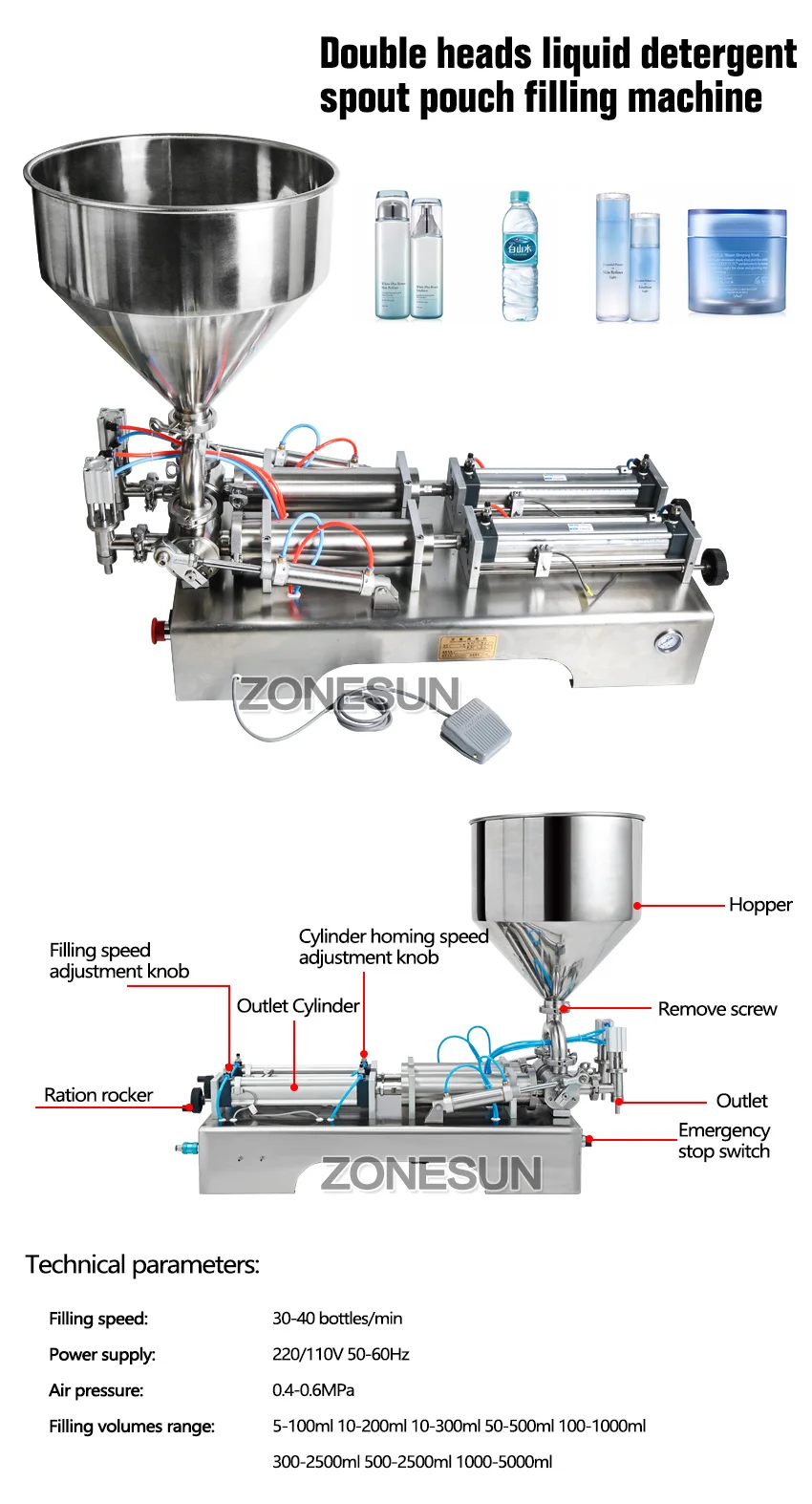 ZONESUN машина для наполнения двойными головками Автоматический Пневматический бункер крем Шампунь Увлажняющий Лосьон косметическое масло
