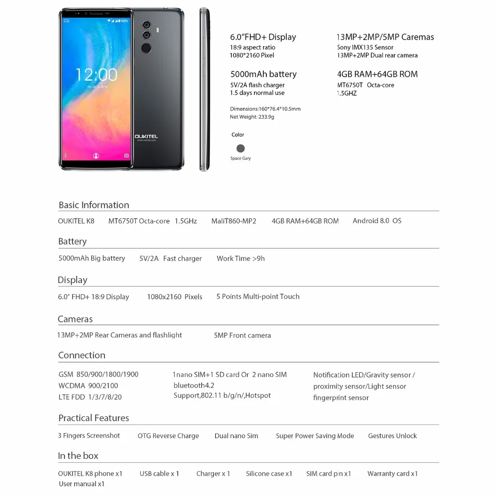 OUKITEL K8 Android 8 0 6 &quotFHD + 18:9 MTK6750T Восьмиядерный 4 Гб ОЗУ 64 ПЗУ 5000 мАч 13 МП 5 отпечаток